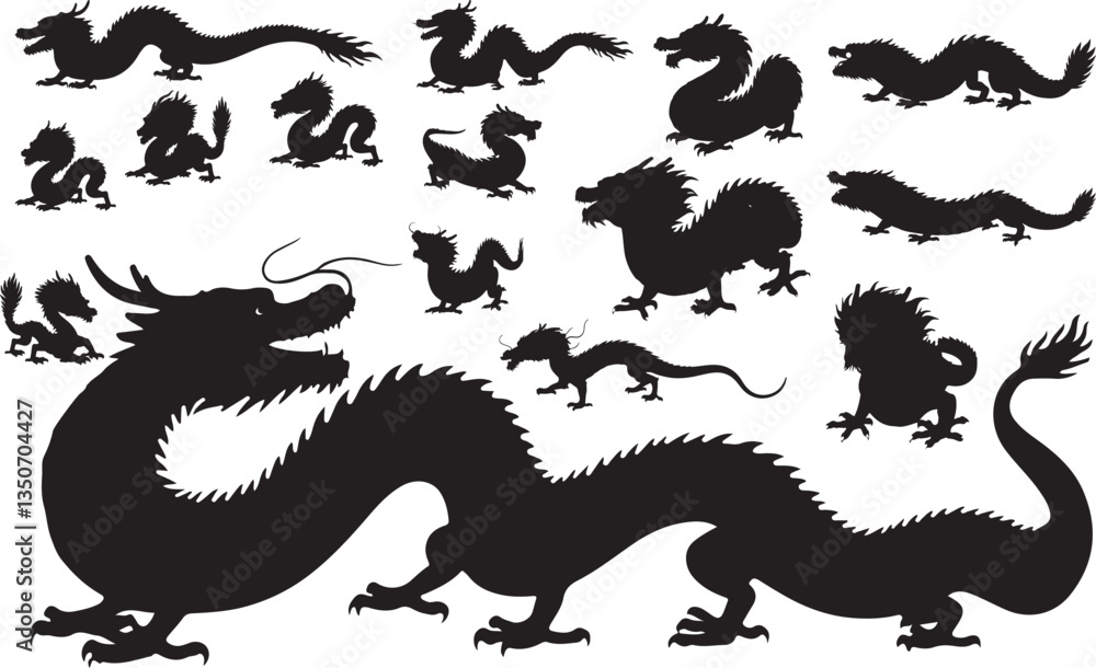 Obraz premium Chinese Water Dragon Silhouettes - Exotic Reptile Illustration