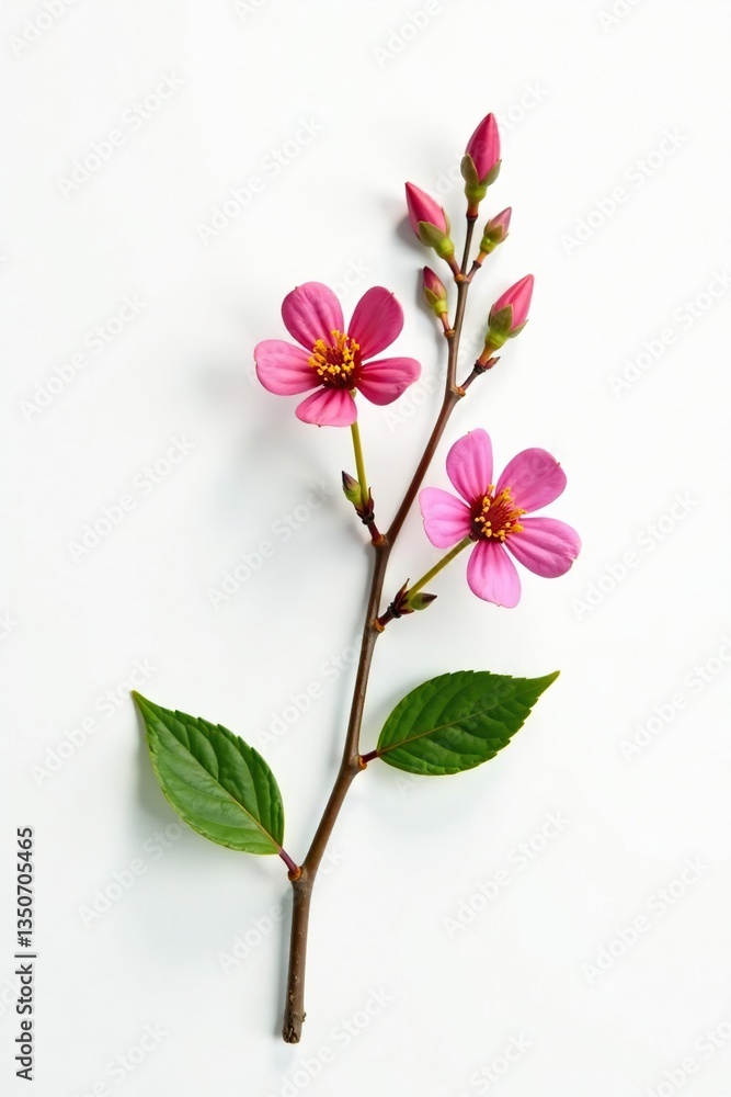 Fototapeta premium A small branch with flowers and leaves against a plain white background, natural elements, organic shapes