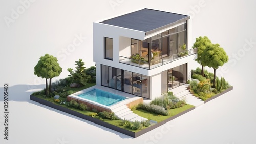 A small modern minimalist house isometric perspective, 3D model miniature