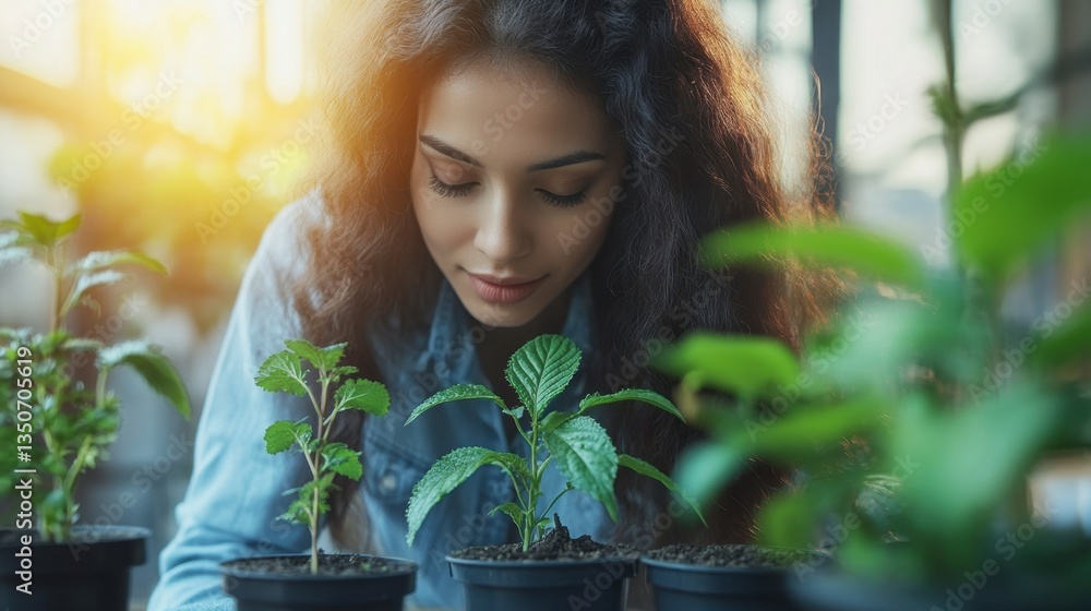 Young woman with curly brown hair tending to small plants in black pots, sunlight shining from behind her. She is wearing a denim shirt and looks peaceful and content. Young woman with curly brown hair tending to small plants in black pots, sunlight shining from behind her. She is wearing a denim shirt and looks peaceful and content.