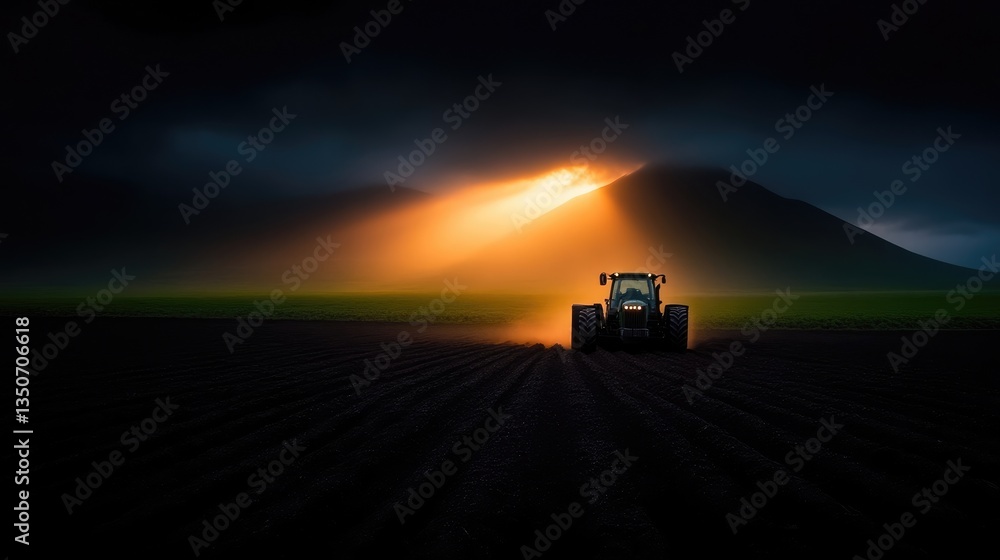 Fototapeta premium Sunrise tractor plowing a field. Dramatic sun rays piercing dark clouds