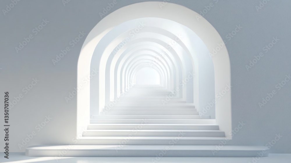 Fototapeta premium Abstract white archway tunnel perspective, steps leading to light, digital art, interior design, 3d rendering, background, use