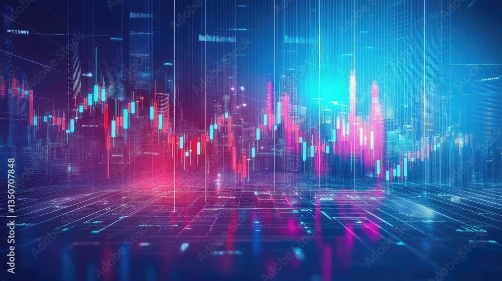 Abstract representation of digital financial data trends with vibrant colors and futuristic cityscape in background Abstract representation of digital financial data trends with vibrant colors and futuristic cityscape in background