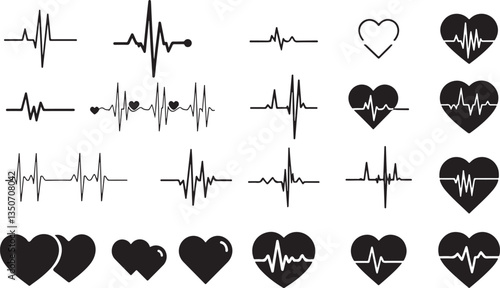 Heart Rate Signals with Heart Icons - Medical and Fitness Monitoring