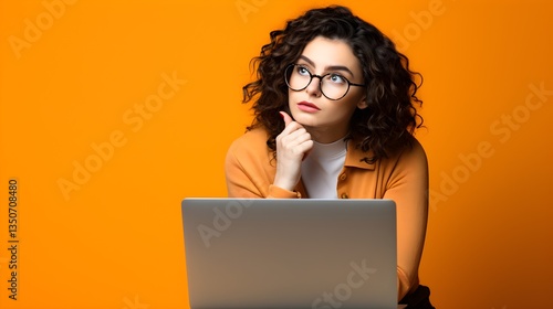 Thoughtful Woman with Curly Hair Using Laptop Orange Background