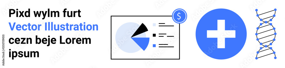 Pie chart with data points, dollar symbol, healthcare cross, and DNA strand. Ideal for finance, analytics, statistics, business, healthcare genetics education simple landing page Pie chart with data points, dollar symbol, healthcare cross, and DNA strand. Ideal for finance, analytics, statistics, business, healthcare genetics education simple landing page