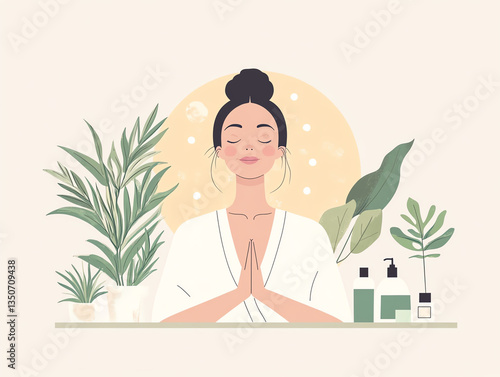 Woman meditating with plants in background, promoting relaxation.