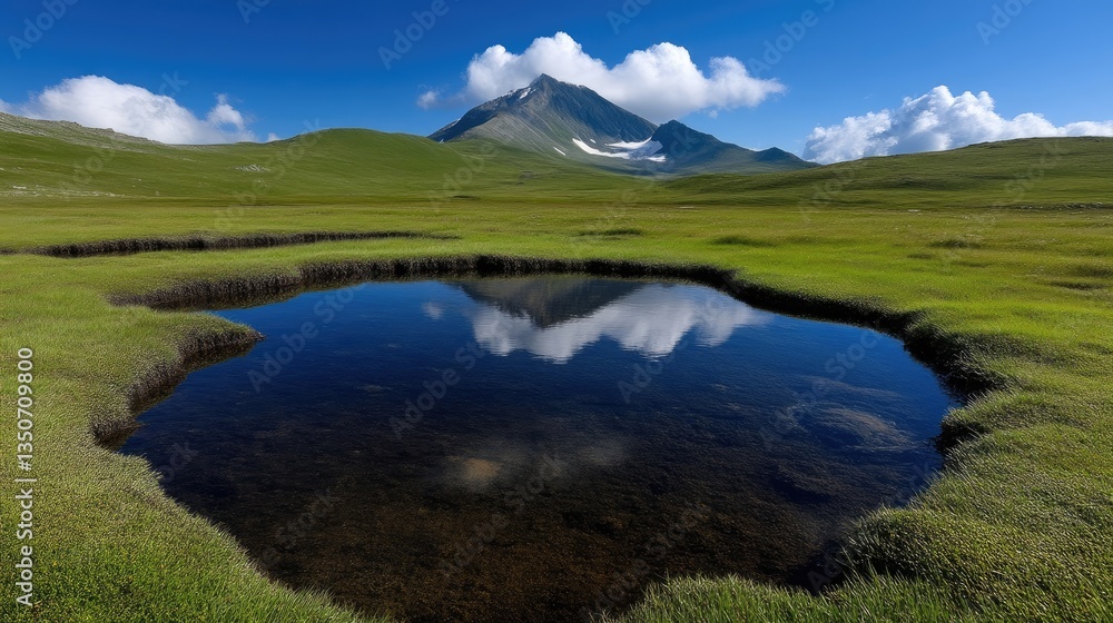 Mountain reflection in a placid pool. Lush green valley, pristine alpine lake