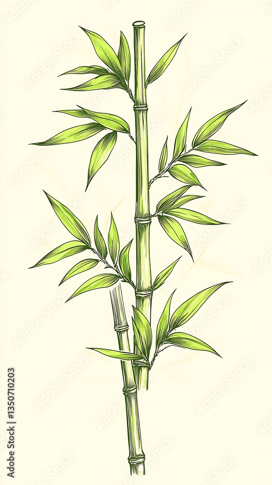 Fototapeta premium Green Bamboo Stalks and Leaves Botanical Illustration Elegant Natural Design Decorative Plant Image