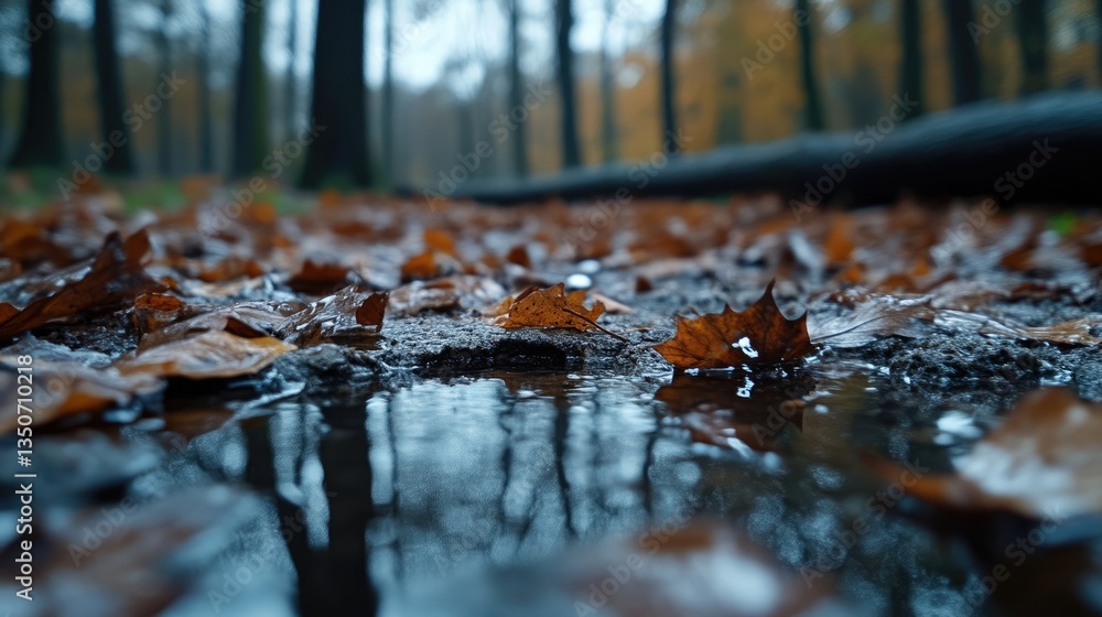 Autumn leaves on a forest path, puddle reflections Autumn leaves on a forest path, puddle reflections