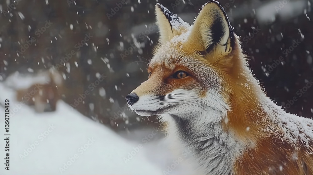 Fototapeta premium Portrait of a Red Fox Surrounded by Snowflakes in a Winter Forest During a Snowfall