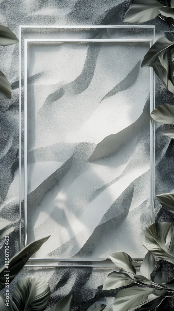 Fototapeta premium White frame mockup, plant leaves, textured background, product display, minimalist design