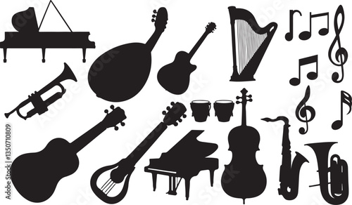 Music Note and Instruments Silhouettes - Musical Symbol Set