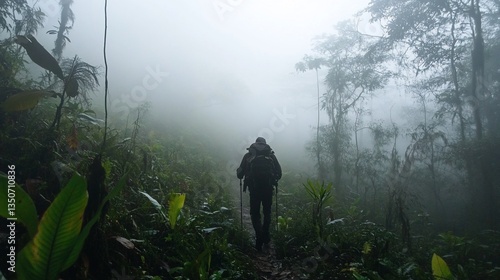 Man trekking through a misty forest with lush vegetation and dense fog