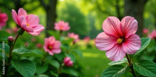 Paisley-shaped flowers in a lush green garden with foliage, plant life, flowers