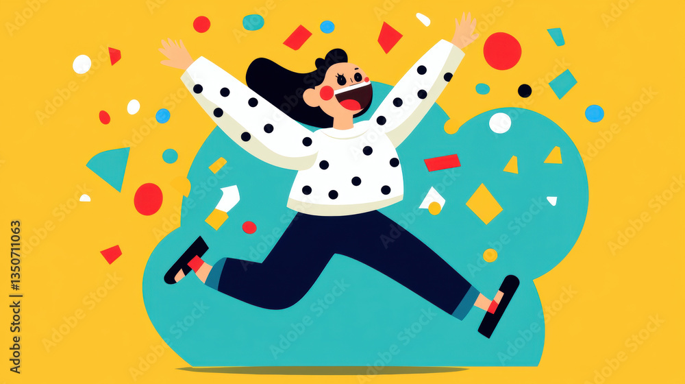 Optimistic illustration, A person jumping joyfully with confetti falling around them in a vibrant celebration scene. Optimistic illustration, A person jumping joyfully with confetti falling around them in a vibrant celebration scene.