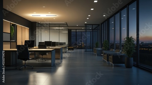 Modern office at night with city view, sleek desks, glass partitions, and comfortable seating.