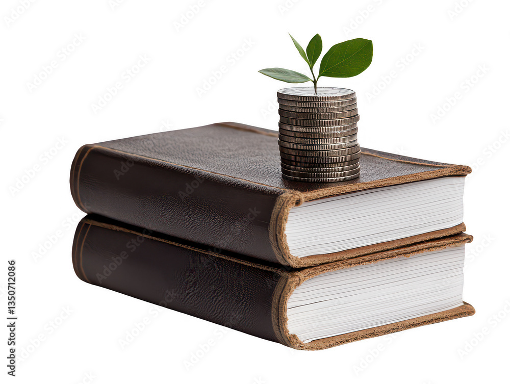 An Investing in knowledge is essential for growth, as depicted by stack of books topped with coins and small plant, symbolizing financial literacy and personal development