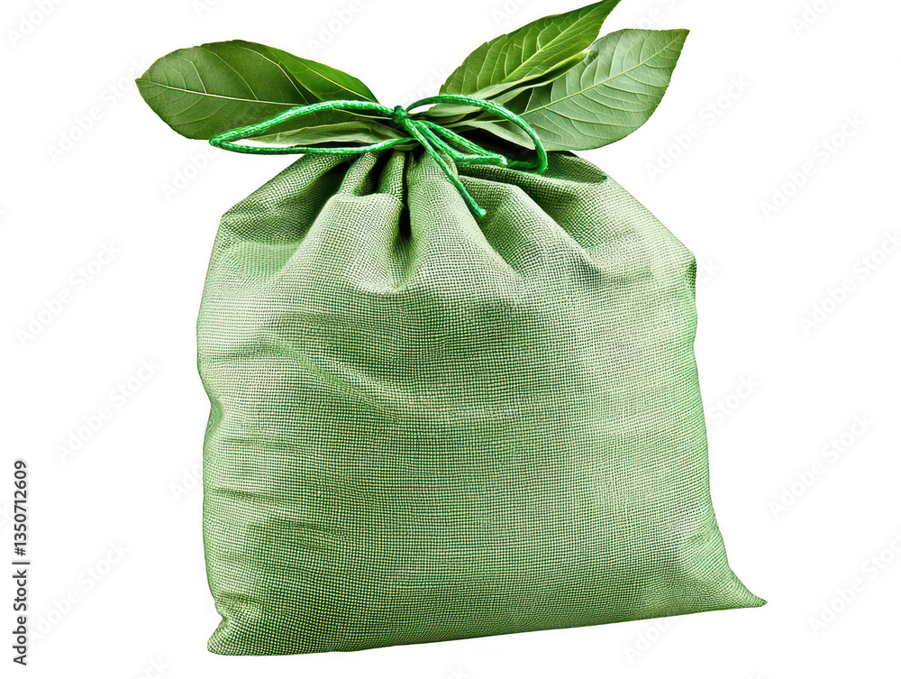 A green burlap sack filled with fresh leaves, tied at top with green string, exudes natural and earthy vibe. This captures essence of organic materials and sustainability A green burlap sack filled with fresh leaves, tied at top with green string, exudes natural and earthy vibe. This captures essence of organic materials and sustainability