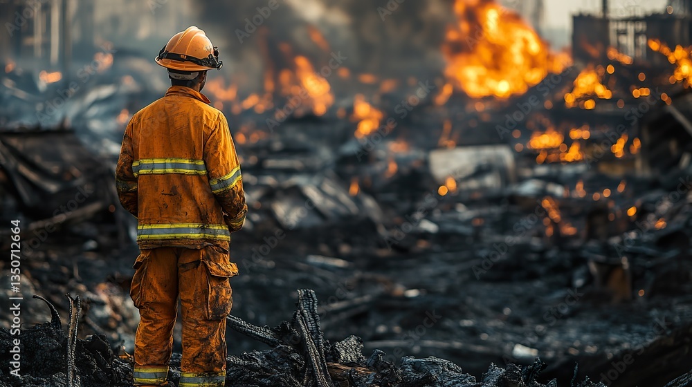 A Firefighter Stands Watching A Large Burning Fire Disaster A Firefighter Stands Watching A Large Burning Fire Disaster