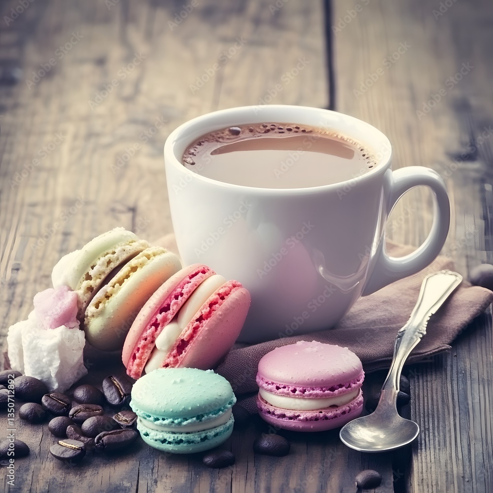 Delicious Macarons with Coffee on Wooden Table Delicious Macarons with Coffee on Wooden Table