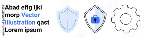 Shield icon, padlock shield, gear symbolize security, protection, technology, engineering, system setup, safety privacy. Ideal for cybersecurity IT management tech service flat landing page
