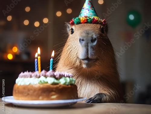 Capybara Celebrating Birthday with Cake and Party Hat Indoors