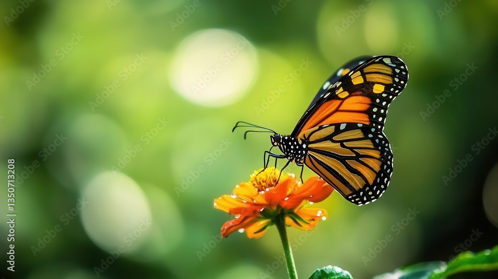 Fototapeta premium Monarch Butterfly Perched on Orange Flower in a Bright Green Natural Environment