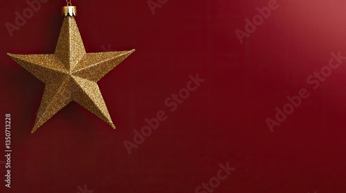A golden Christmas star hanging from the top in the left corner. The right side features a solid rich red background for text.