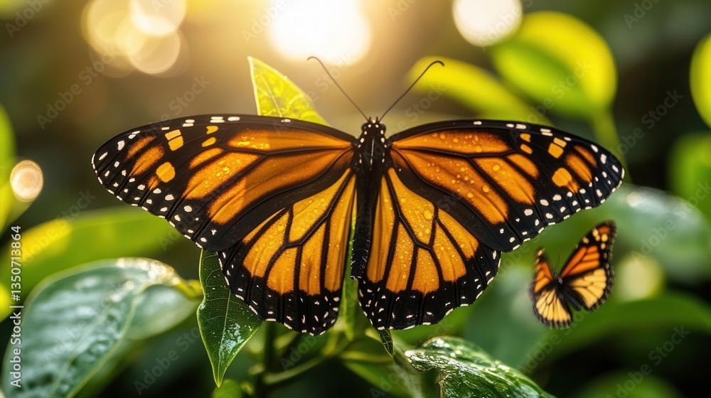 Fototapeta premium Monarch Butterfly Sitting on Leaf with Sunlight Bokeh in Lush Garden Setting During Spring