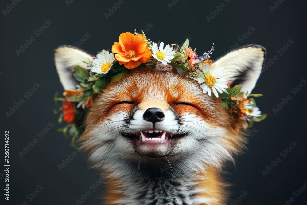 Obraz premium Cute baby animal fox wearing fierce flower circlet on its head - symbol of sunny warm season. Isolated dark black background, copy space, ad visual idea. Wild animal with floral garland.