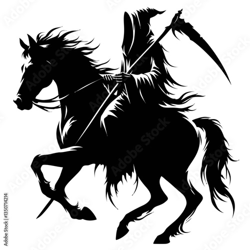 A dark grim reaper hooded figure rides on horse silhouette black color vector white background