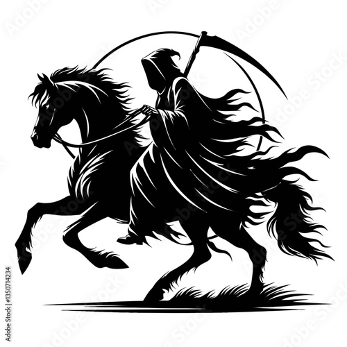 A dark grim reaper hooded figure rides on horse silhouette black color vector white background