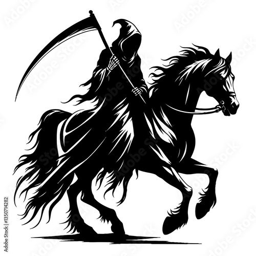 A dark grim reaper hooded figure rides on horse silhouette black color vector white background