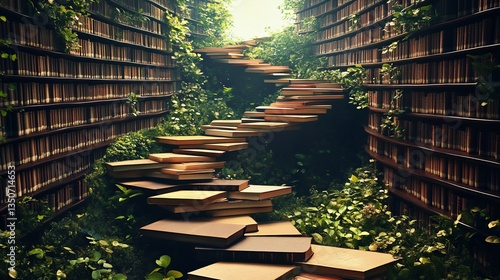 A whimsical staircase made of books winding through an overgrown library