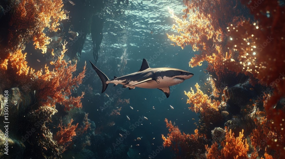 Fototapeta premium Majestic Shark Swimming Gracefully Through Colorful Coral Reef Underwater in Ocean