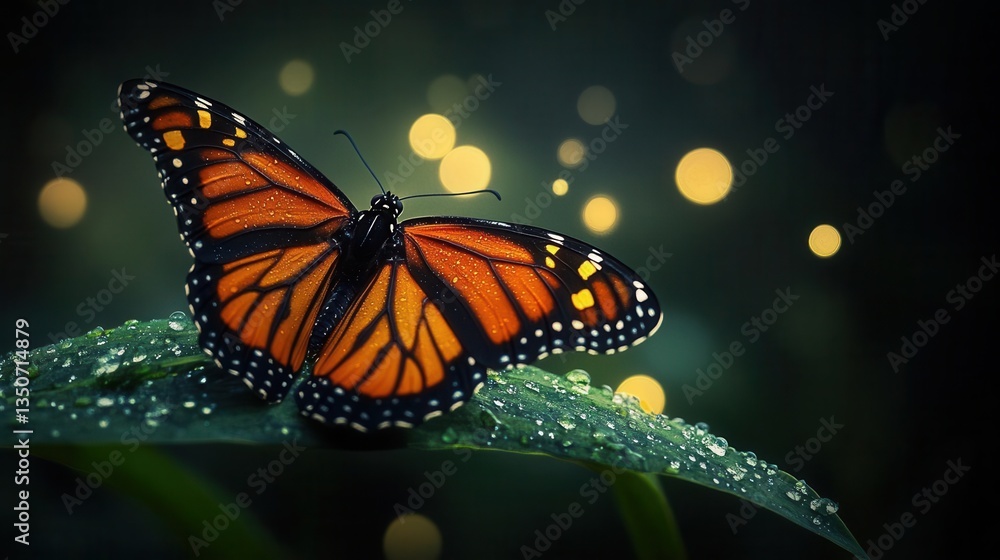 Monarch Butterfly with Dew on Green Leaf against a Mysterious Dark Background with Bokeh Lights Monarch Butterfly with Dew on Green Leaf against a Mysterious Dark Background with Bokeh Lights