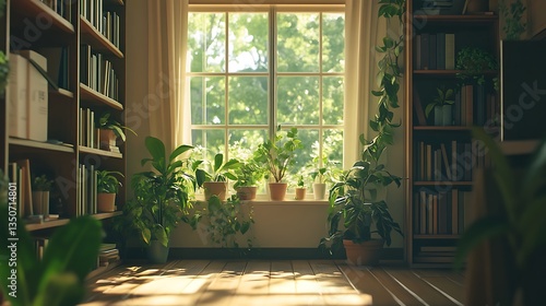 식물과 자연광이 가득한 평화로운 실내, AI 생성