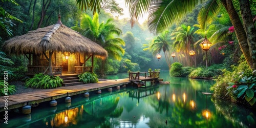Surreal Dappled Light and Reflections on a Tiki Hut Bridge in a Dreamlike Landscape