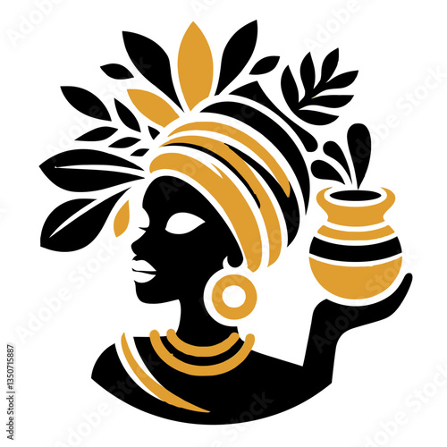 African woman with pot on hand color logo vector white background 