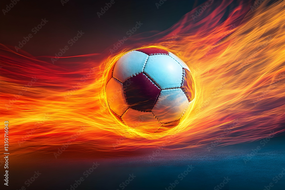 Obraz premium A dynamic soccer ball engulfed in flames, symbolizing speed and energy in a dramatic backdrop