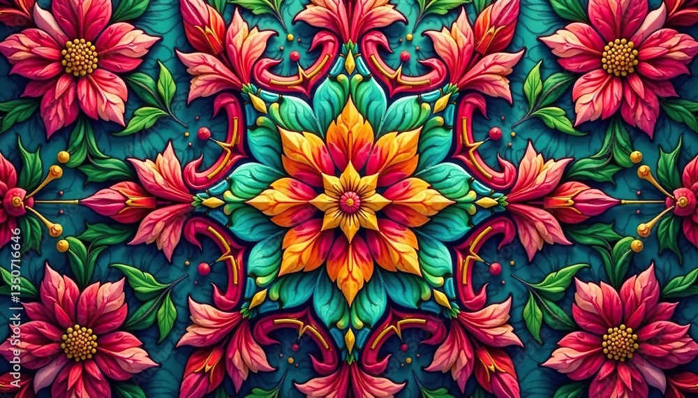 Intricate floral pattern within a hexagon shape , modern, surface, flower