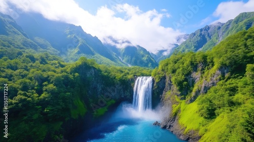 Majestic waterfall cascading into a serene pool, nestled amongst lush green mountains and clouds
