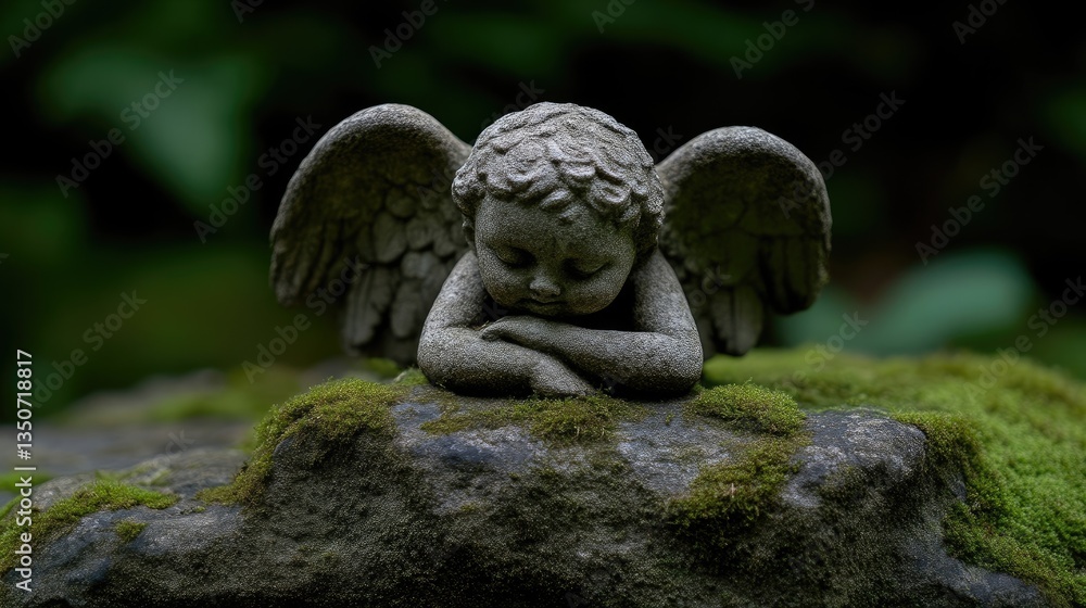 Small, stone cherub resting on mossy rock Small, stone cherub resting on mossy rock