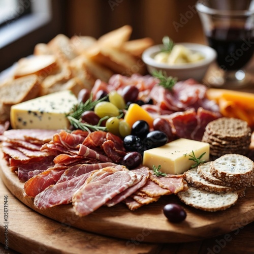Gourmet charcuterie board with cheeses, meats, olives, and breads on rustic wooden table