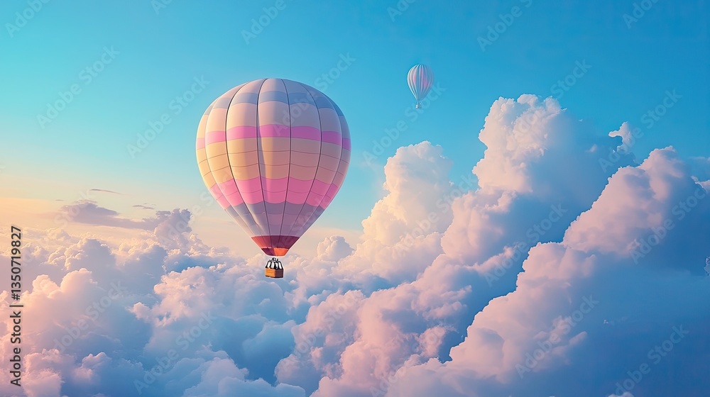 Naklejka premium Bright Hot Air Balloon Flying Across a Blue Sky with White Clouds