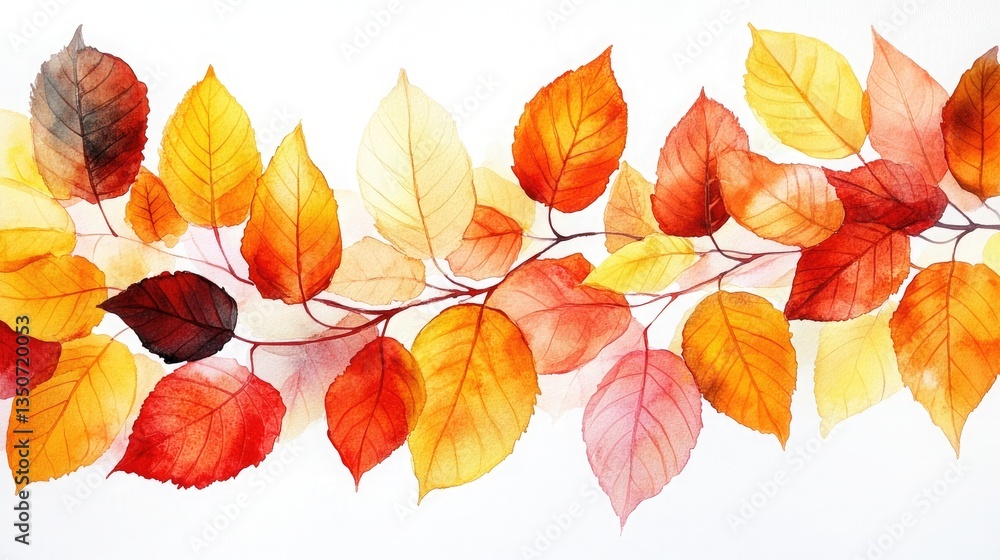 Obraz premium Watercolor Painting with Vibrant Leaves Scattered Against a White Background