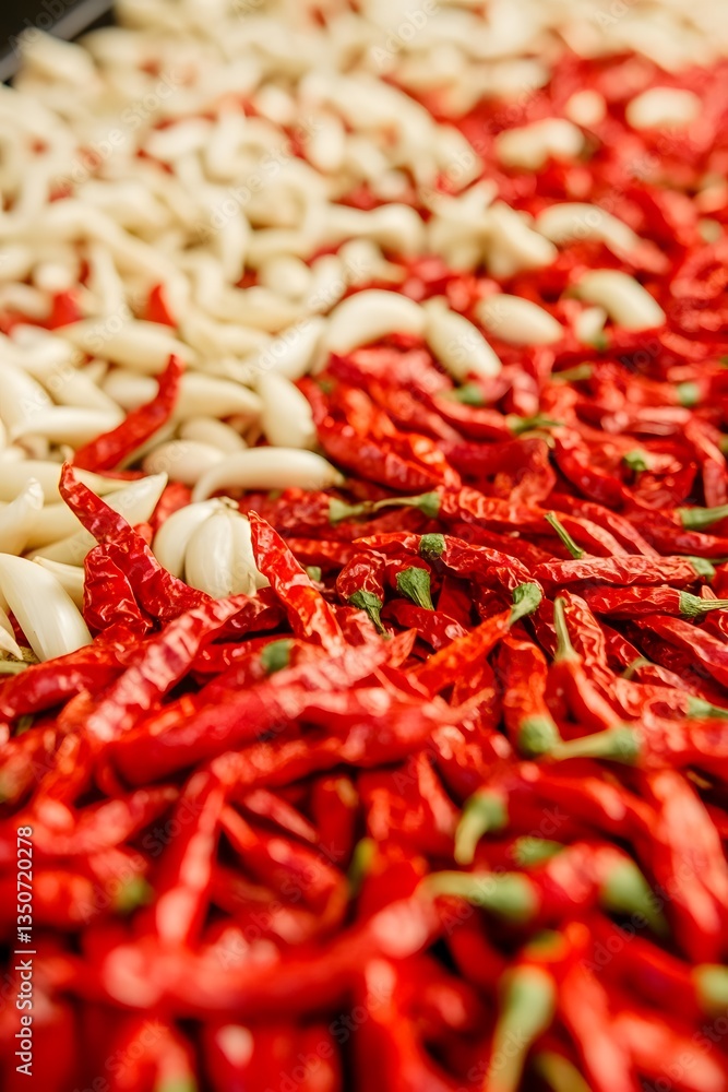 Vibrant Red Chili Peppers and White Garlic Close Up Vibrant Red Chili Peppers and White Garlic Close Up