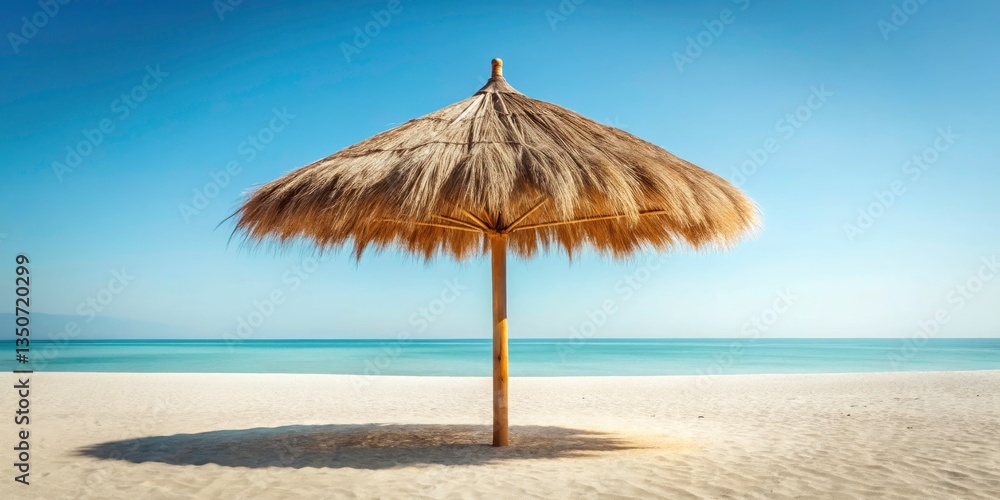 Tropical Thatched Umbrella on Wooden Pole for Summer Beach Relaxation, Isolated on White Background, Ideal for Vacation, Travel, and Leisure Themes, Perfect for Stock Photography Needs Tropical Thatched Umbrella on Wooden Pole for Summer Beach Relaxation, Isolated on White Background, Ideal for Vacation, Travel, and Leisure Themes, Perfect for Stock Photography Needs
