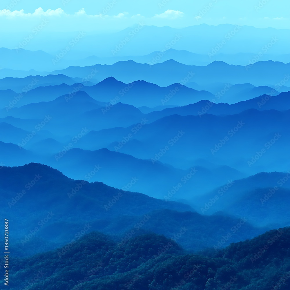 Blue hazy mountain range landscape, aerial view, serene nature background, ideal for travel brochures Blue hazy mountain range landscape, aerial view, serene nature background, ideal for travel brochures